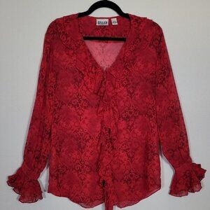 Vintage Chicos Sheer 100% Silk Button Up Shirt Size M/L Red Ruffle Goth Vamp Y2K